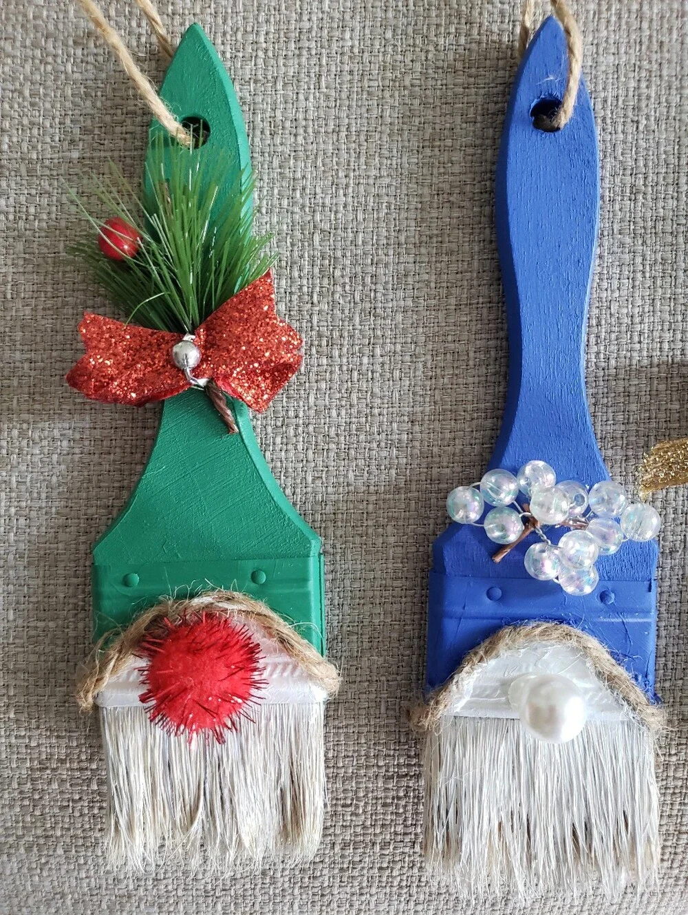 Santa's Little Helpers Painted Paintbrush Ornaments - Blue, Green, Red
